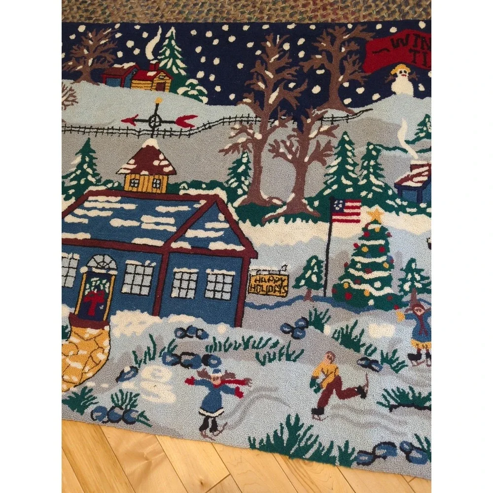 Vintage Micro Hook‎ Rug Wall Hanging Winter Scene Folk Christmas 3' x 5' Wool